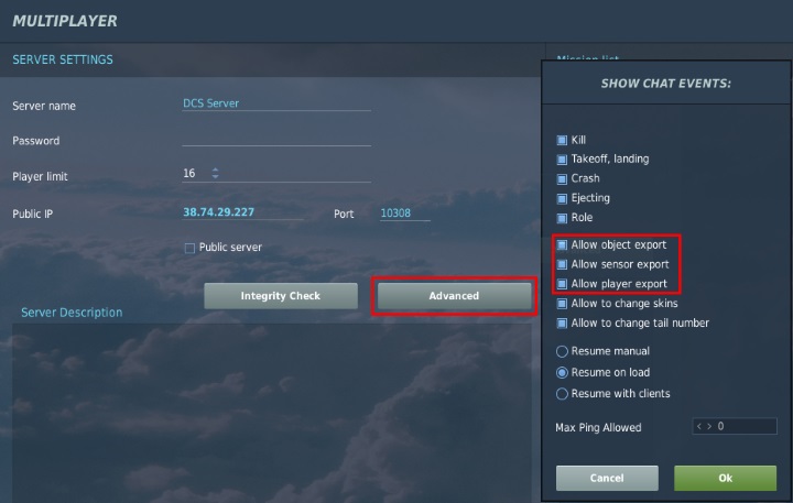 DCS World multiplayer export options